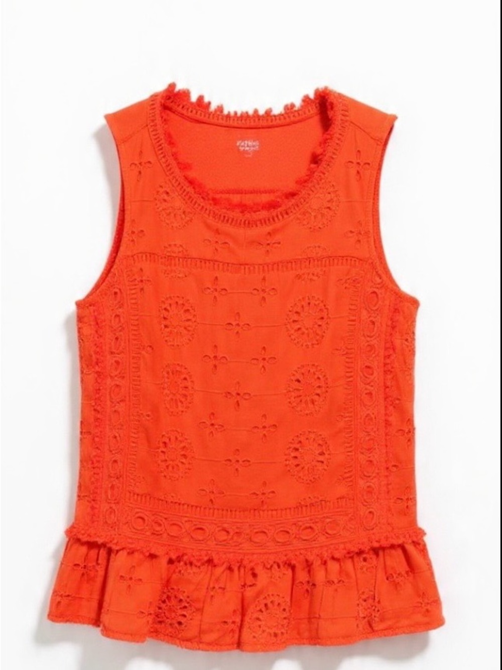 Crown & Ivy Tank Top Petite PS Tangelo Orange Eyelet Lace Sleeveless Ruffle Hem